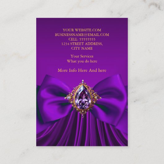 パープルエレガントプラム金ゴールドジュエルボウデザイン 名刺 (裏面)