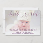 パープルエレガントベビー誕生写真のお知らせ 案内状 (正面)