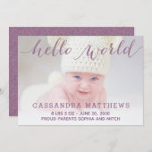 パープルエレガントベビー誕生写真のお知らせ 案内状 (正面/裏面)