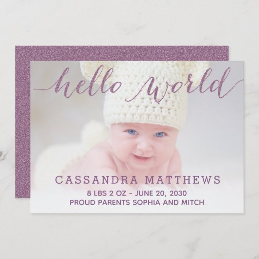 パープルエレガントベビー誕生写真のお知らせ 案内状 (正面/裏面)