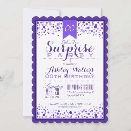 パープルエレガントホワイトサプライズ誕生日パーティー 招待状 (正面)
