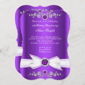 パープルエレガントホワイトパールジュエルボウ誕生日 招待状 (正面/裏面)