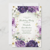 パープルエレガントホワイトフローラグリッター誕生日 招待状 (正面)