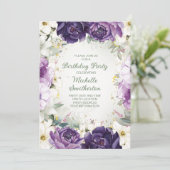 パープルエレガントホワイトフローラグリッター誕生日 招待状 (スタンド正面)