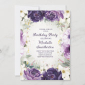 パープルエレガントホワイトフローラグリッター誕生日Invite 招待状 (正面)