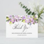 パープルエレガントホワイトフローラブライダルシャワーフラット サンキューカード (スタンド正面)