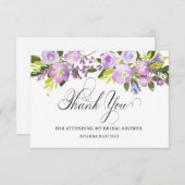 パープルエレガントホワイトフローラブライダルシャワーフラット サンキューカード (正面/裏面)