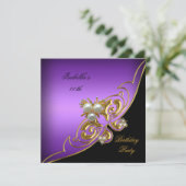 パープルエレガントホワイトブラック金ゴールドパール誕生日 招待状 (スタンド正面)