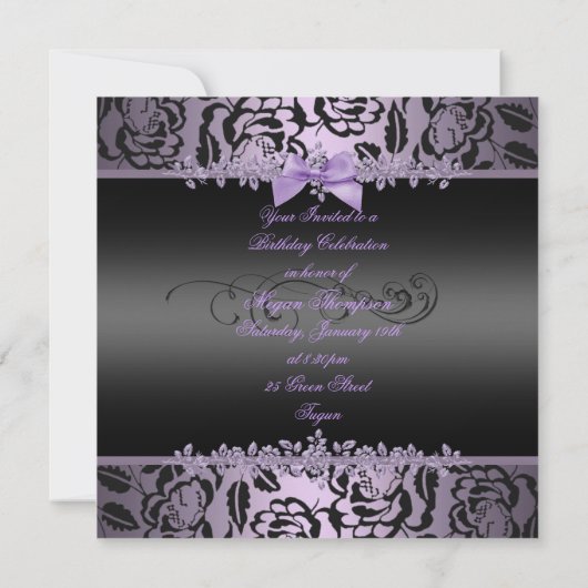パープルエレガントボウスウィート16番目の誕生日招待状 招待状 (裏面)
