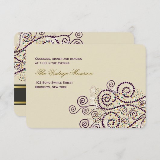 パープルエレガントボホらせん状ウェディングレセプション 招待状 (正面/裏面)