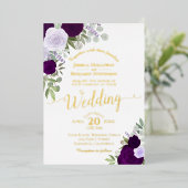 パープルエレガントボホシックウォーターカラーバラズ結婚 箔招待状 (立ち正面)