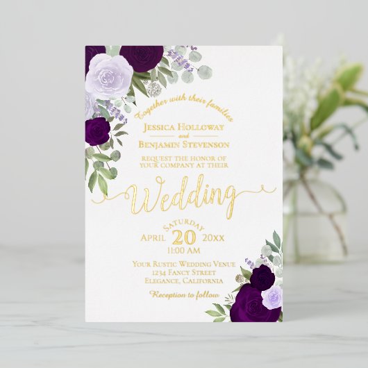 パープルエレガントボホシックウォーターカラーバラズ結婚 箔招待状 (立ち正面)