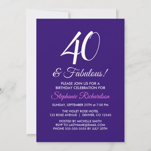 パープルエレガントミニマリスト40と素晴らしい誕生日 招待状 (正面)