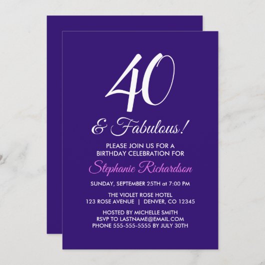 パープルエレガントミニマリスト40と素晴らしい誕生日 招待状 (正面/裏面)