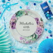 パープルエレガントミントグリーンフローラ60誕生日 ペーパープレート (パーティー)