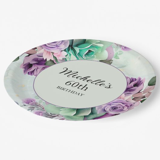 パープルエレガントミントグリーンフローラ60誕生日 ペーパープレート (アングル)