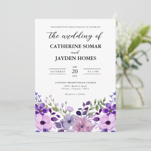 パープルエレガントラブ結婚式招待状 招待状 (スタンド正面)