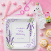 パープルエレガントラベンダーアンティークフレーム誕生日 ペーパープレート (パーティー)