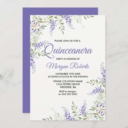 パープルエレガントラベンダーフローラキンセアニェラ招待状 招待状 (正面/裏面)