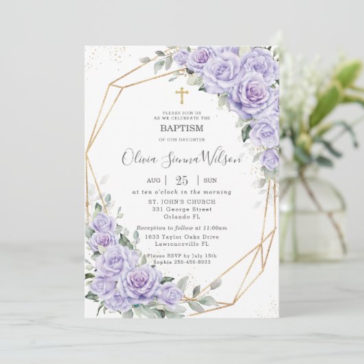 パープルエレガントラベンダーフローラバプテスマ《キリスト教》洗礼式や命名式 招待状 (スタンド正面)