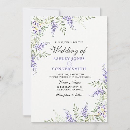 パープルエレガントラベンダーフローラ結婚式の招待 招待状 (正面)
