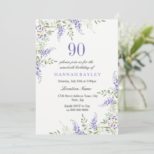 パープルエレガントラベンダー90番目の誕生日招待状 招待状 (スタンド正面)