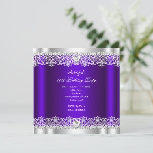 パープルエレガントレース王室のシルク誕生日パーティー 招待状 (スタンド正面)