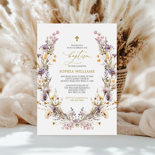 パープルエレガントワイルドフラワーバプテスマ招待状 招待状