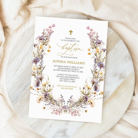 パープルエレガントワイルドフラワーバプテスマ招待状 招待状