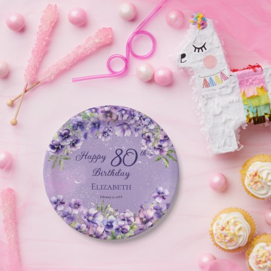 パープルエレガントヴィオレットフローラハッピー80誕生日 ペーパープレート (パーティー)