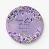 パープルエレガントヴィオレットフローラハッピー80誕生日 ペーパープレート (正面)