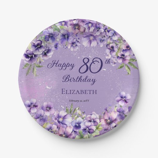 パープルエレガントヴィオレットフローラハッピー80誕生日 ペーパープレート (正面)