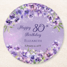 パープルエレガントヴィオレットフローラハッピー80誕生日 ラウンドペーパーコースター