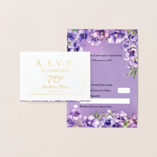 パープルエレガントヴィオレットフローラ誕生日パーティーRSVP 箔カード (ディスプレー)