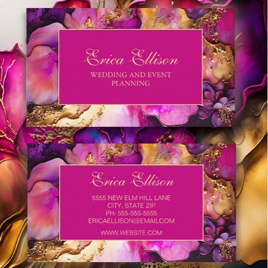 パープルエレガント明るい赤紫色金ゴールドフローラウェディングプランナー 名刺