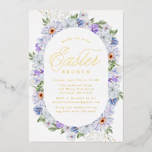 パープルエレガント春フローライースターブランチ 箔招待状 (正面)