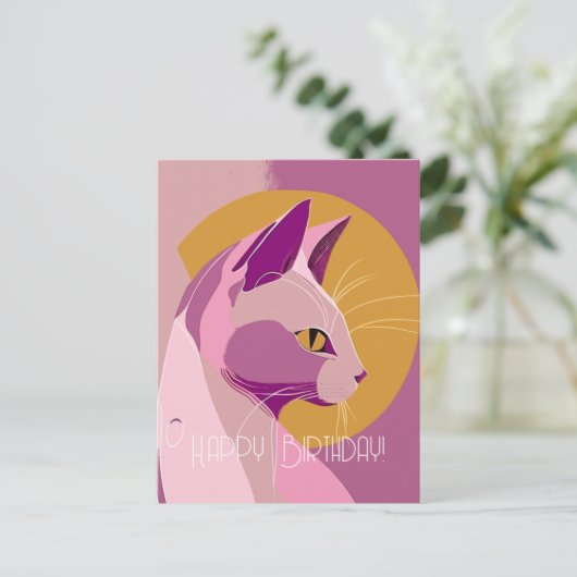 パープルエレガント猫の誕生日 ポストカード (スタンド正面)