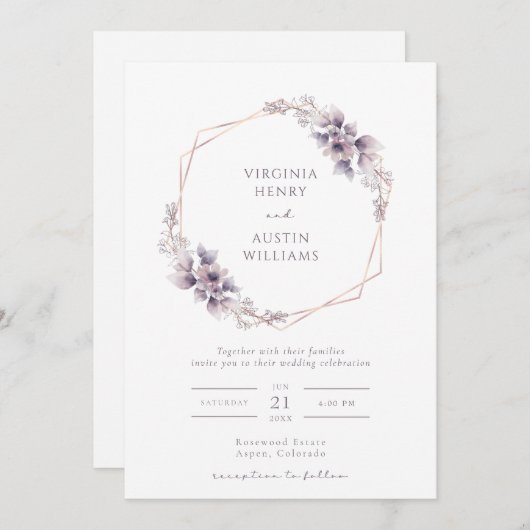 パープルエレガント結婚式招待状 招待状 (正面/裏面)