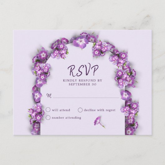 パープルエレガント薄紫アーチ花模様なしメニューRSVP シーズンポストカード (正面)
