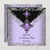 パープルエレガント薄紫シルバージュエルバースデーパーティー3 招待状 (正面/裏面)