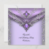 パープルエレガント薄紫シルバージュエルバースデーパーティー 招待状 (正面)