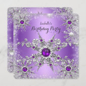 パープルエレガント薄紫スノーフレーク誕生日パーティー 招待状 (正面/裏面)