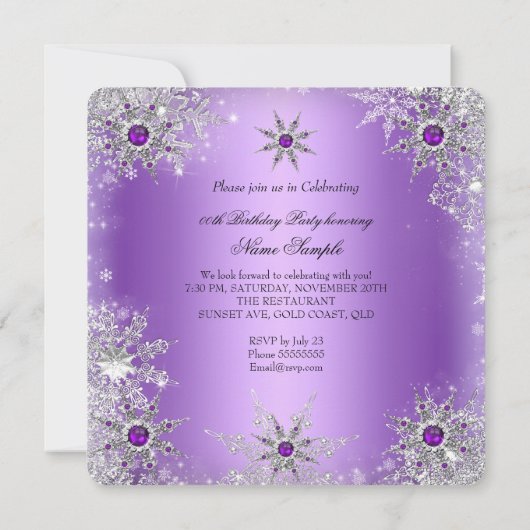 パープルエレガント薄紫スノーフレーク誕生日パーティー 招待状 (裏面)