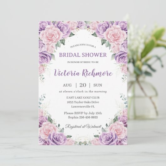 パープルエレガント薄紫ピンクフローラブライダルシャワー 招待状 (スタンド正面)