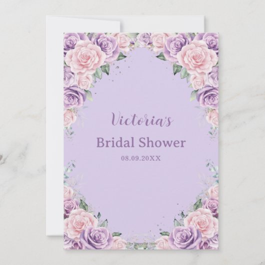 パープルエレガント薄紫ピンクフローラブライダルシャワー 招待状 (裏面)