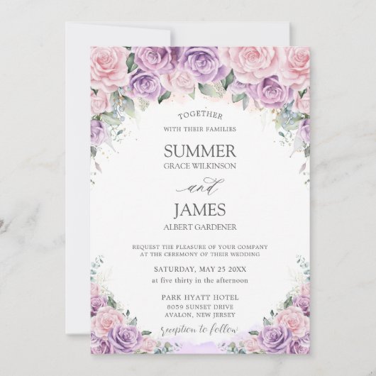 パープルエレガント薄紫ピンクローズフローラ結婚ズ 招待状 (正面)