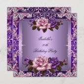 パープルエレガント薄紫ピンクローズ80th誕生日パーティー 招待状 (正面/裏面)