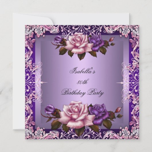 パープルエレガント薄紫ピンクローズ80th誕生日パーティー 招待状 (正面)