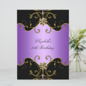 パープルエレガント薄紫ブラック金ゴールドフローラ誕生日 招待状 (スタンド正面)