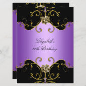 パープルエレガント薄紫ブラック金ゴールドフローラ誕生日 招待状 (正面/裏面)